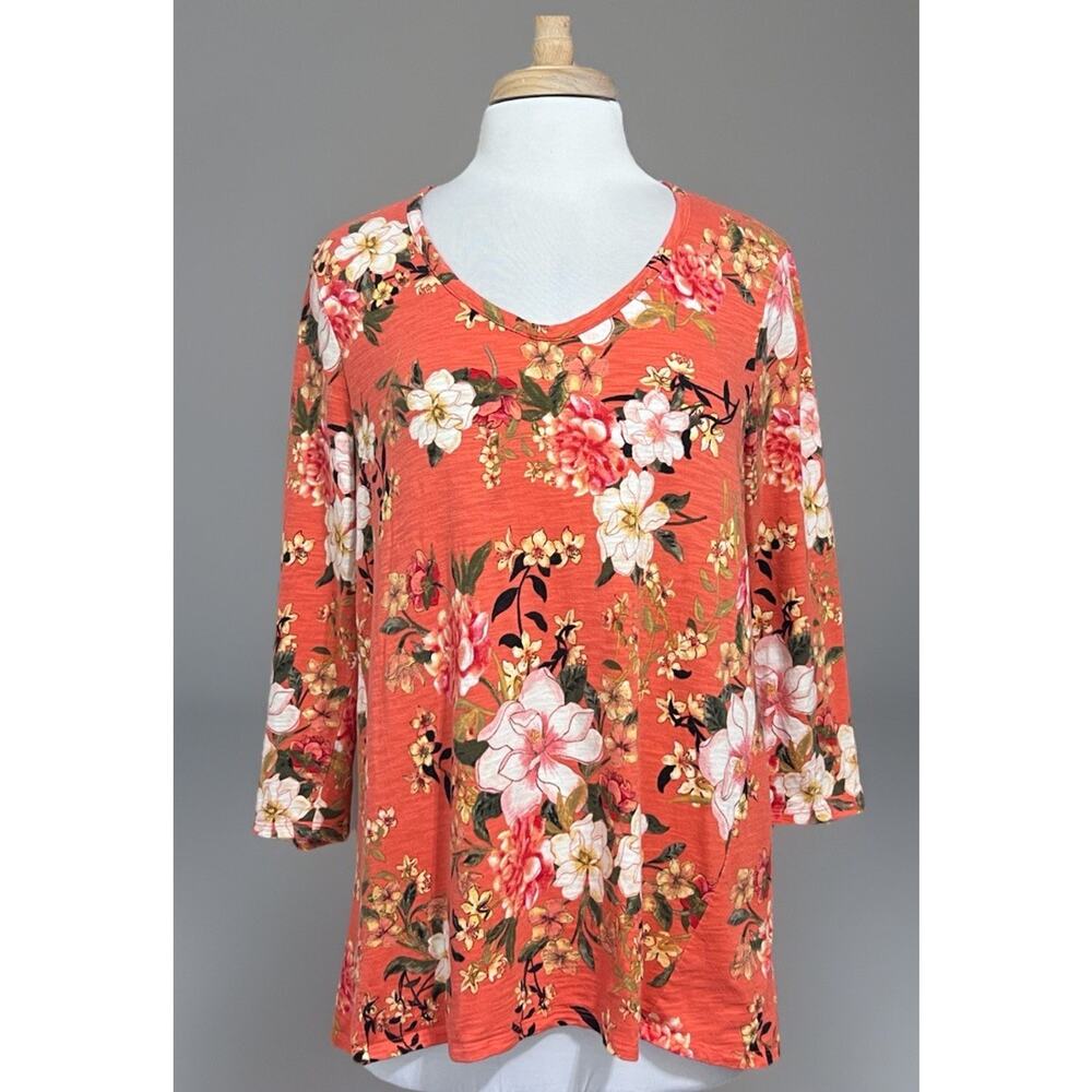 Chico's Coral Orange Floral 3/4 Sleeve Tunic Top Cotton Modal Shirt Size 2 L